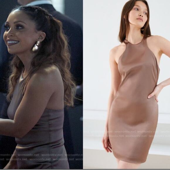 Aritzia Babaton Satin Mini Dress 10 Pressure 90s Taupe High Shine Racer Back - Picture 2 of 16